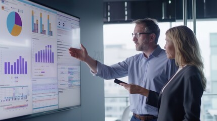 Executives analyzing customer feedback data, discussing insights and action plans in a sleek, modern office environment