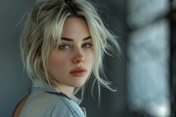 Fototapeta premium A portrait of a woman with blonde hair and blue eyes, perfect for editorial or advertising use