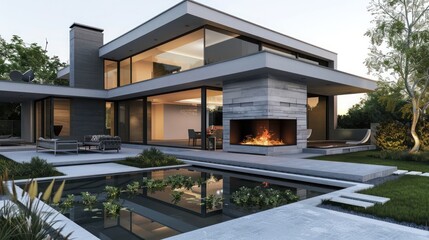 Fototapeta premium Modern luxury suburban home with clean architectural lines, featuring a minimalist pond and an outdoor fireplace Include space for text