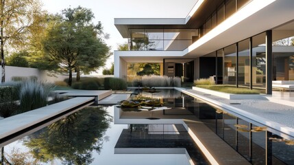 Fototapeta premium Modern minimalist home with clean architectural lines, featuring a reflective pool and structured, minimalist landscaping Text space required
