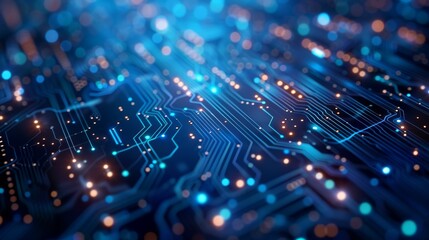 Abstract image of a digital circuit board with glowing blue lights, symbolizing technology and innovation.