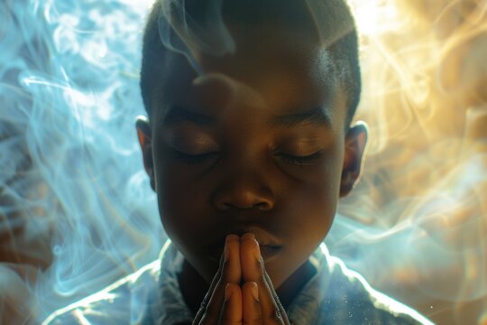 A young boy with his eyes closed in prayer, a moment of devotion and faith