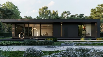 Modern minimalist home with an all-black exterior, seamless windows, and an abstract garden sculpture