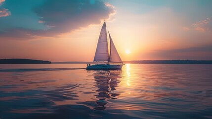 A sailboat glides across a calm lake at sunset, the sails catching the last rays of daylight.