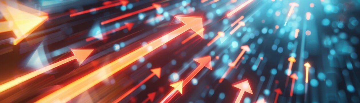 Abstract concept image with glowing arrows symbolizing growth, progress, and success in a dynamic and futuristic style.