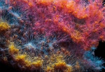 Fototapeta premium Microscope of mucous mold exploding in natural habitat, transparent filaments, shimmering spores. Microbiology laboratory concepts. Generative AI