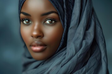 Naklejka premium Close-up portrait of a woman wearing a headscarf, possibly for cultural or religious purposes