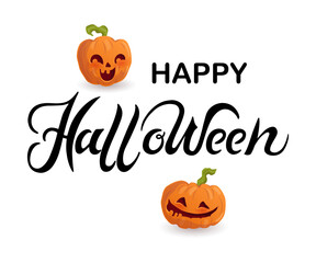 Happy Halloween text with amusing smiling pumpkins on white background. Vector illustration.