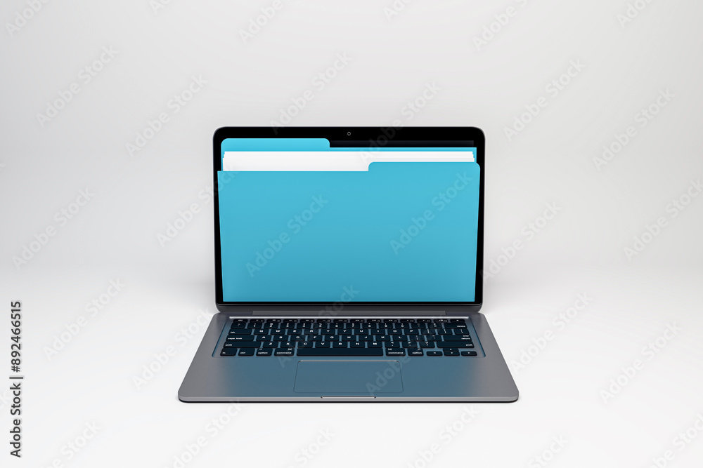 Poster Laptop with blue folder on screen, symbolizing digital data storage. 3D Rendering