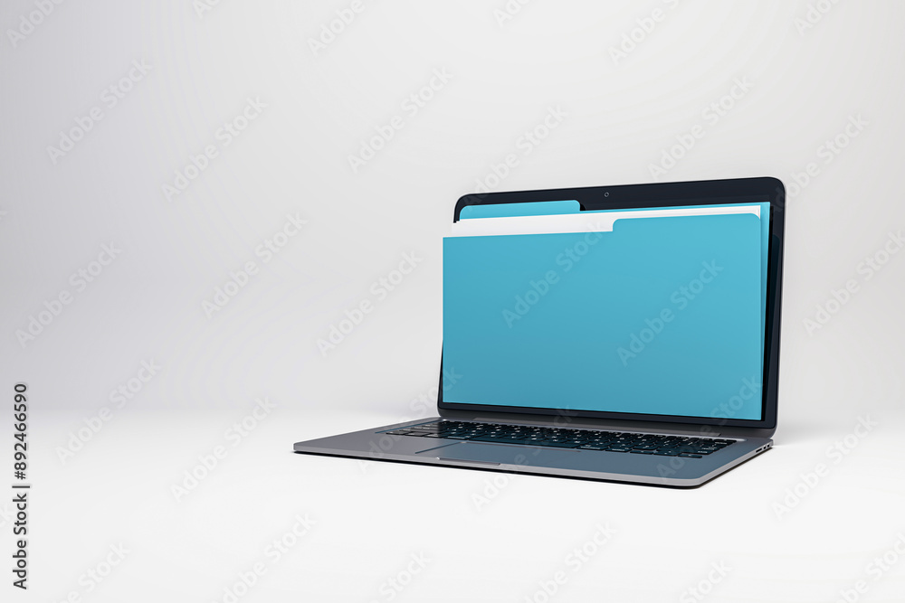 Poster Digital file folder emerging from a laptop screen on a white background. 3D Rendering
