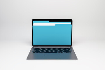 Laptop with blue folder on screen, symbolizing digital data storage. 3D Rendering