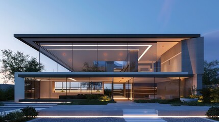 Obraz premium Modern suburban home front view with a minimalist design, featuring a glass facade and a hidden roof