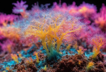 Microscope of mucous mold exploding in natural habitat, transparent filaments, shimmering spores. Microbiology laboratory concepts. Generative AI