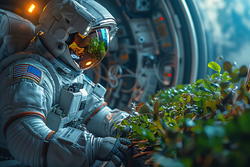 On a space orbital station, experimental crops are being cultivated in microgravity. An astronaut is researching plant growth, representing a technological breakthrough and planetary expansion