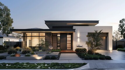 Modern suburban home front view with a minimalist aesthetic, featuring a flat roof and neutral color palette