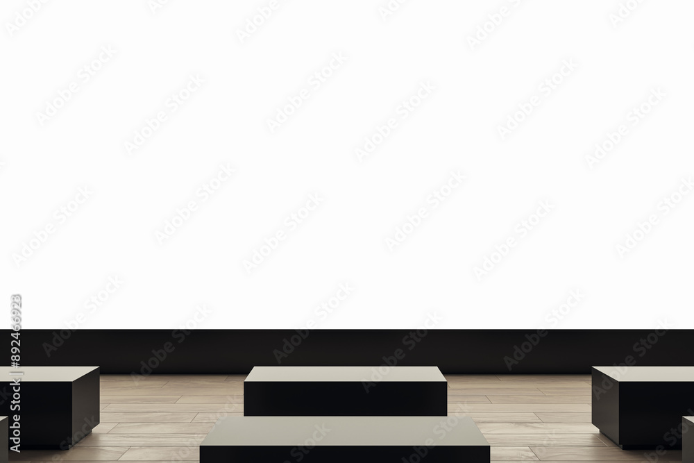 Poster Empty cinema screen with black seats in front. 3D Rendering