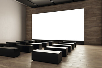 Empty cinema hall with a white screen and black seats. 3D Rendering