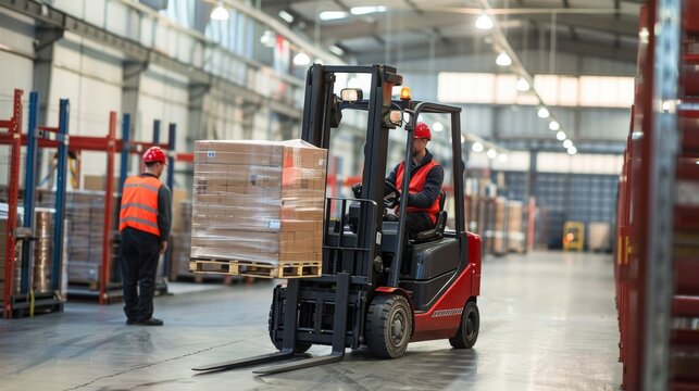 Warehouse worker driving a forklift in a warehouse - Powered by Adobe