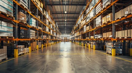 Fototapeta premium Warehouse interior with tall shelves full of various goods