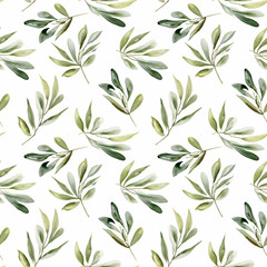 Seamless pattern of olive branches in watercolor style on white background. Design template for cosmetics advertising, eco-friendly products, textile print and fabric