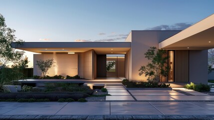 Fototapeta premium Modern suburban home front view with a minimalist aesthetic, featuring a flat roof and neutral color palette