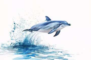 Playful Dolphin Leaping in Vivid Watercolor Splendor on White Background