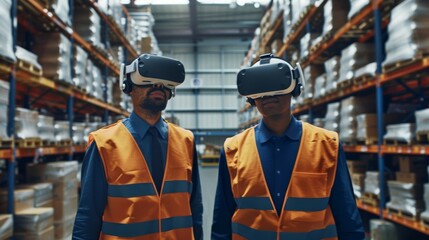 Obraz premium Two warehouse workers wearing virtual reality headsets work in a warehouse.
