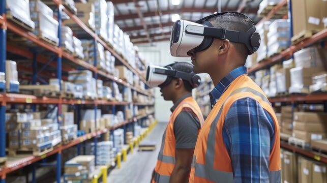 Two warehouse workers wearing virtual reality headsets look at products on shelves in a warehouse. - Powered by Adobe