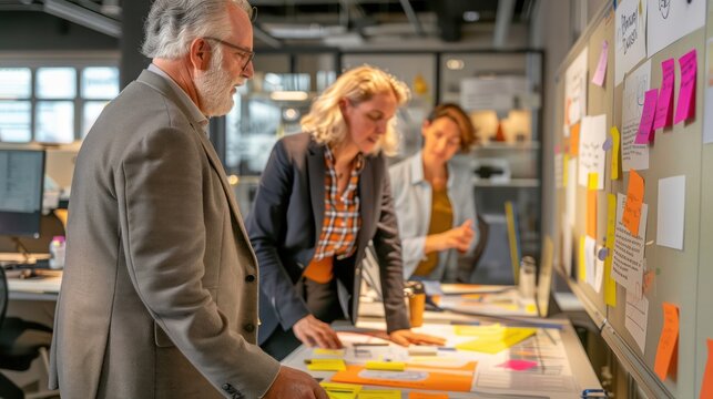Senior executives participating in a design sprint, brainstorming ideas and developing prototypes in a creative, modern workspace