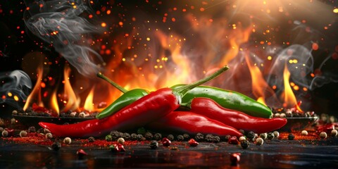 A fiery hot chili pepper surrounded by flames, highlighting its intense heat and vibrant energy in a dramatic and captivating scene