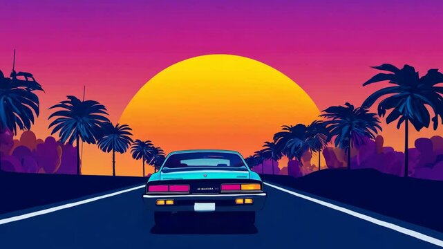 80's Retro Sports Car Drives into the Sunset