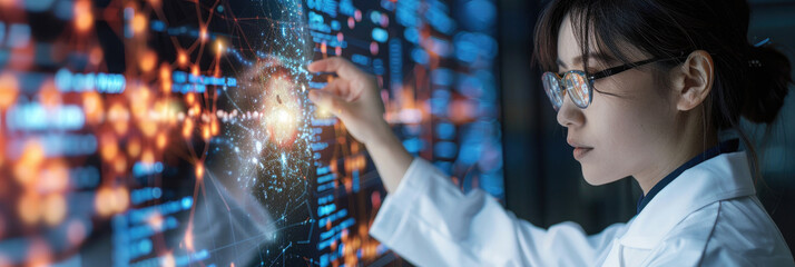 A woman in a white lab coat examines data on a digital screen, interacting with a visual representation of information