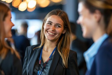 happiness and engagement of a group of staff or participants as they share laughter while listening to a startup business owner at a trade show exhibition event.