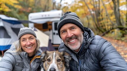 A cheerful duo, warmly dressed, enjoys their camping adventure with their dog, surrounded by colorful autumn foliage and their cozy RV, showcasing outdoor spirit and togetherness.