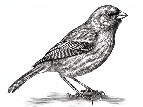 recommend clip art: Black and white Vintage engraved art of a finch isolated on white background, ink sketch illustration, simple vector art design, highly detailed line art, high contrasty