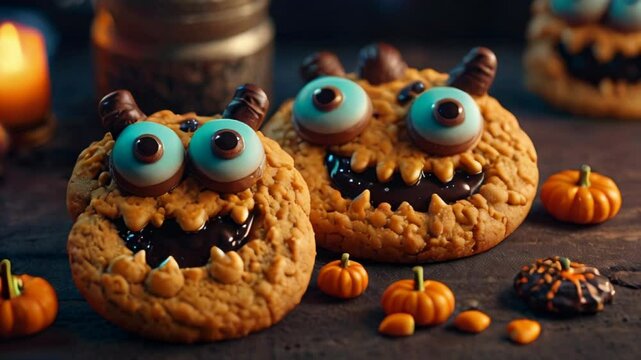 Funny delicious cookies for Halloween on the table in form of monsters on dark background with pumpkin and skeletons. AI generated
