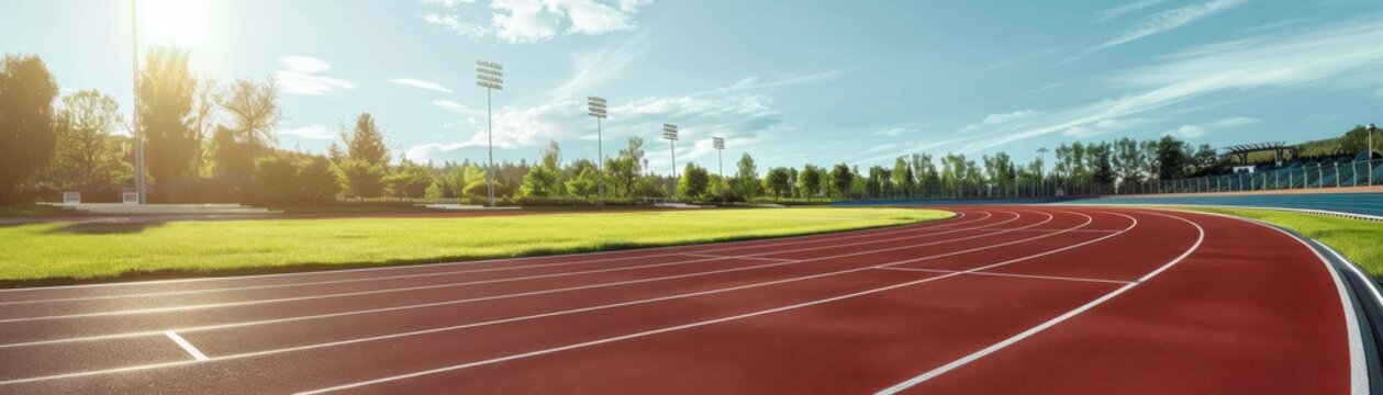 A beautiful morning view of an empty running track in a stadium with lush green fields and clear sky, perfect for athletics and sports activities.