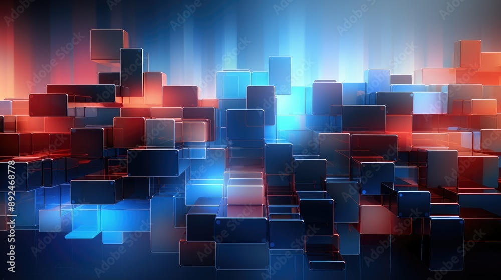 Wall mural a cluster of shiny blue and red cubes arranged in an abstract pattern with a bright glowing light sh