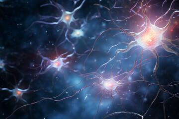 3D concept of neural connections and brain activity. Synapses and neurons send electrical chemical signals. Neuron interconnected neurons with electrical impulses. Design for scientific presentations