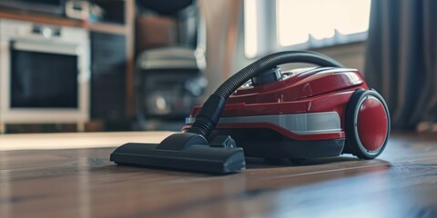 Fototapeta premium Vacuum Cleaner Focus on a modern vacuum cleaner in a living room, with a clean background, empty space left for text