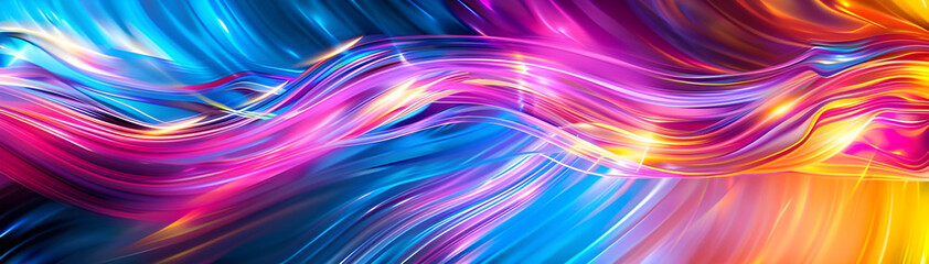 Vibrant abstract image featuring dynamic neon light trails in shades of pink, blue, yellow, and orange, creating a sense of motion.