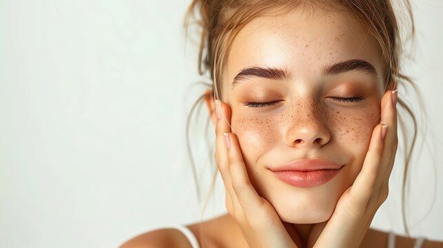 Beauty European teenager with healthy skin, showing facial massage, isolated on white background, designed for advertising