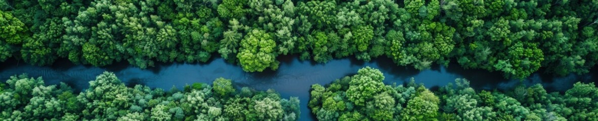 Aerial view of a winding river through lush green forest.