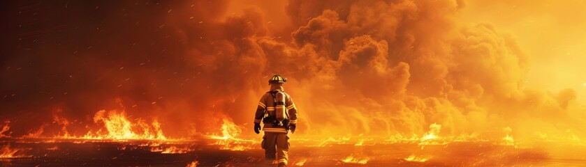 A firefighter walking through a blazing inferno, surrounded by flames and thick smoke, showcasing bravery and courage in the face of danger.