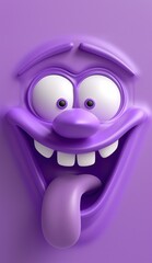 3D purple funny face with wide eyes and tongue sticking out in a playful and crazy emotion for mascot, monochrome on purple background. Smile, happy, happiness, playful, foolish