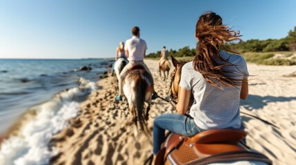 A group of people enjoying a scenic horseback ride along a sandy beach with waves gently crashing nearby, showcasing a tranquil and leisurely outdoor activity.