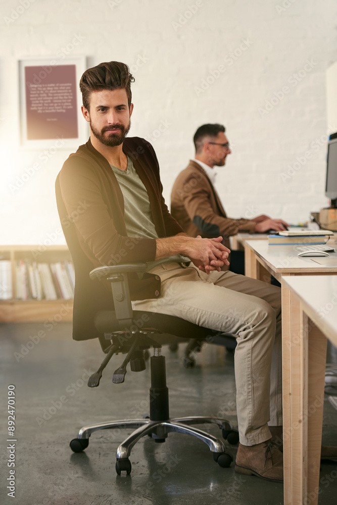 Poster creativity, businessman and portrait in office for design, small business and working at computer. w