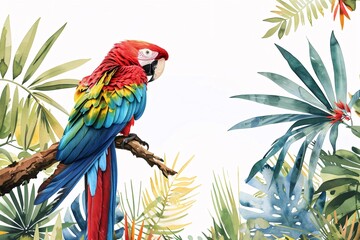 Vibrant Watercolor Parrot Perched on Branch with Exotic Foliage on White Background