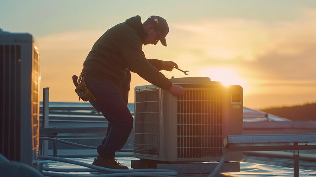 Technician man on a rooftop in the early morning, using a wrench to fix an electric air conditioner unit, wearing protective gear and a hat. Professional electricity worker fixing