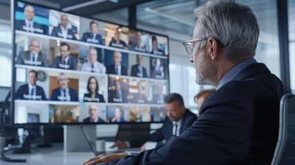 Senior managers participating in a virtual team-building activity, each visible on a large screen in a high-tech office environment